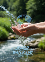 Environmental Concept for World Water Day March 22 with Water Flowing in Human Hands