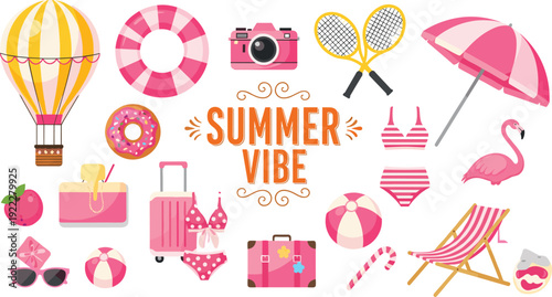 Flat vector illustration of summer vibe icons with flamingo, beach umbrella, swimsuit, travel items, cocktail, vacation fun, leisure design