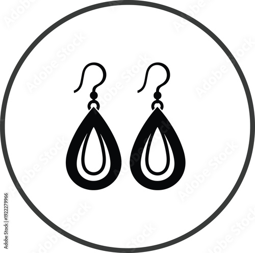 Flat vector illustration of teardrop earrings silhouette, elegant jewelry accessory design, fashion ornament style, decorative circular border jewelry art