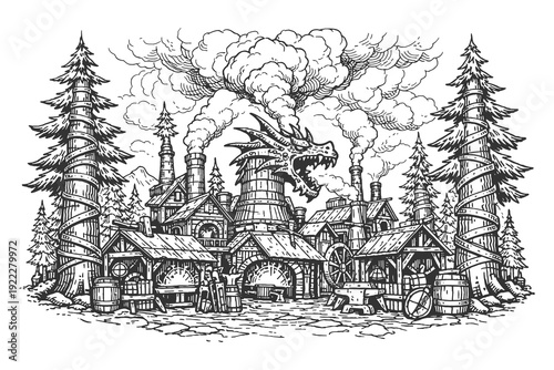 Industrial Forge Factory Shaped Like a Dragon Head with Smoking Chimneys in a Detailed Hand Drawn Engraving Style Vector Illustration for Steampunk Themes.