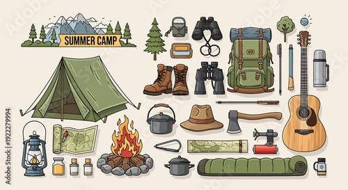 Detailed Vector Illustration of Summer Camp and Outdoor Adventure Equipment Collection
