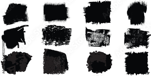 A collection of 12 black ink brush strokes on a white background