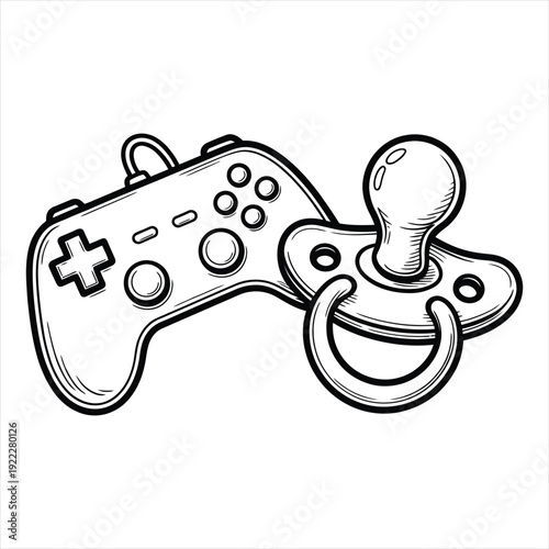 Video game controller and baby pacifier, contrasting items