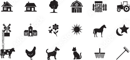 Farm icon set. Includes house, tree, barn, tractor, windmill, factory, flower, sun, horse, moon, cow, chicken, dog, cat, basket, shovel. Created in solid black style with white background