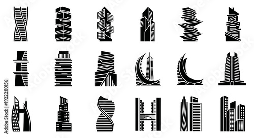 Minimal black silhouette icon collection showcasing twelve imaginative skyscraper designs inspired by futuristic luxury cities. The buildings are conceptual and non-representational, focusing on clean