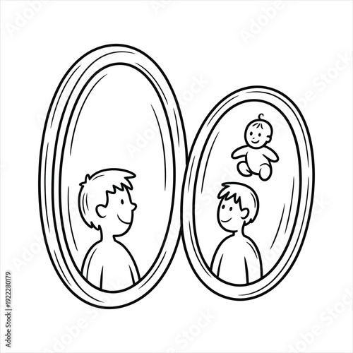 Man looks at his reflection with baby in mirror, symbolizing growth, family, and self perception