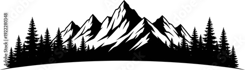 Majestic Mountain Range and Pine Forest Silhouette Vector Illustration on White Background