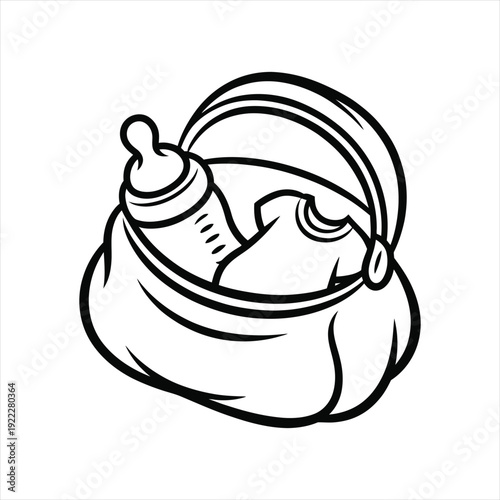 Hand drawn illustration of a baby bag with large feeding bottle and infant clothing