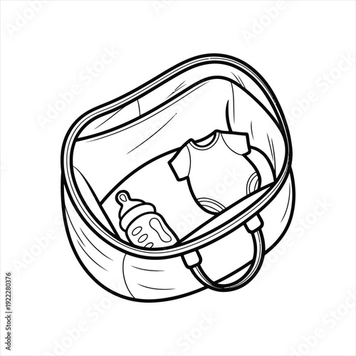 Baby bag with feeding bottle and infant bodysuit illustration in hand drawn line art style