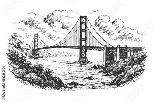 Golden Gate Bridge in San Francisco with Rocky Coast and Clouds in a Detailed Hand Drawn Vintage Line Art Vector Illustration for USA Travel.
