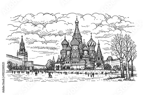 Historic Saint Basil's Cathedral in Moscow Red Square in a Detailed Hand Drawn Engraving Style Vector Illustration for Russia Travel Themes.