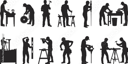 Construction worker silhouettes, carpentry tools illustration, hammer and saw art, drill and measuring design, building site labor concept, craftsmanship representation