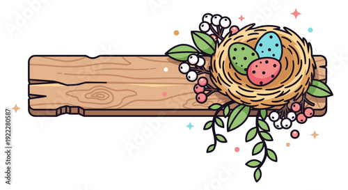 A colorful bird's nest with eggs placed on a wooden plank in a flat vector style, perfect for spring-themed designs
