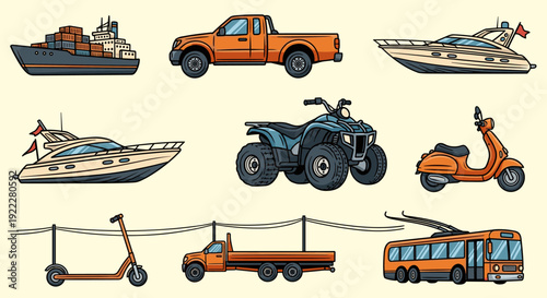 A collection of various vehicles including a cargo ship, pickup truck, yacht, ATV, and scooter in modern cartoon vector style, perfect for transportation-themed projects