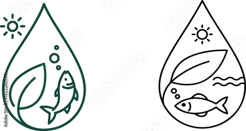 Line art illustrations of two teardrop-shaped water droplets with fish and aquatic elements on a white background.