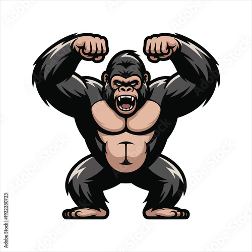 Angry gorilla mascot flexing muscles and roaring in powerful athletic pose
