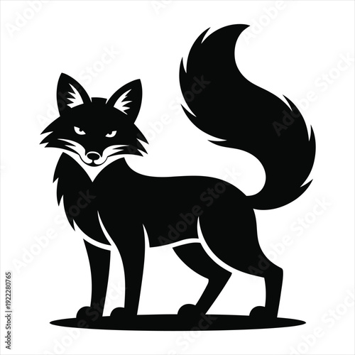 Alert black fox with bushy tail, cunning and watchful animal portrait
