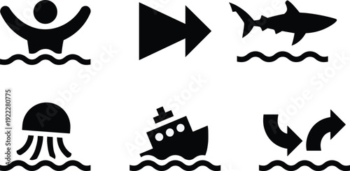 Black and white ocean with swimming person shark jellyfish boat water