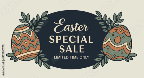 A decorative Easter special sale banner featuring colorful eggs surrounded by floral elements in a modern vector style, perfect for seasonal promotions