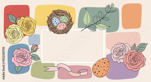 A colorful illustration featuring a bird's nest with eggs, surrounded by various flowers in a pastel vector style, perfect for spring-themed designs
