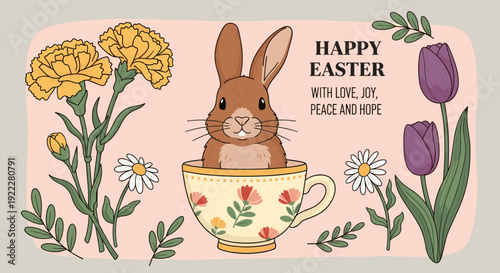 A cute rabbit in a cup surrounded by flowers with the text 'Happy Easter' in a whimsical vector style, perfect for spring greeting cards