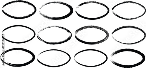 A collection of 12 black circular brushstrokes on a white background