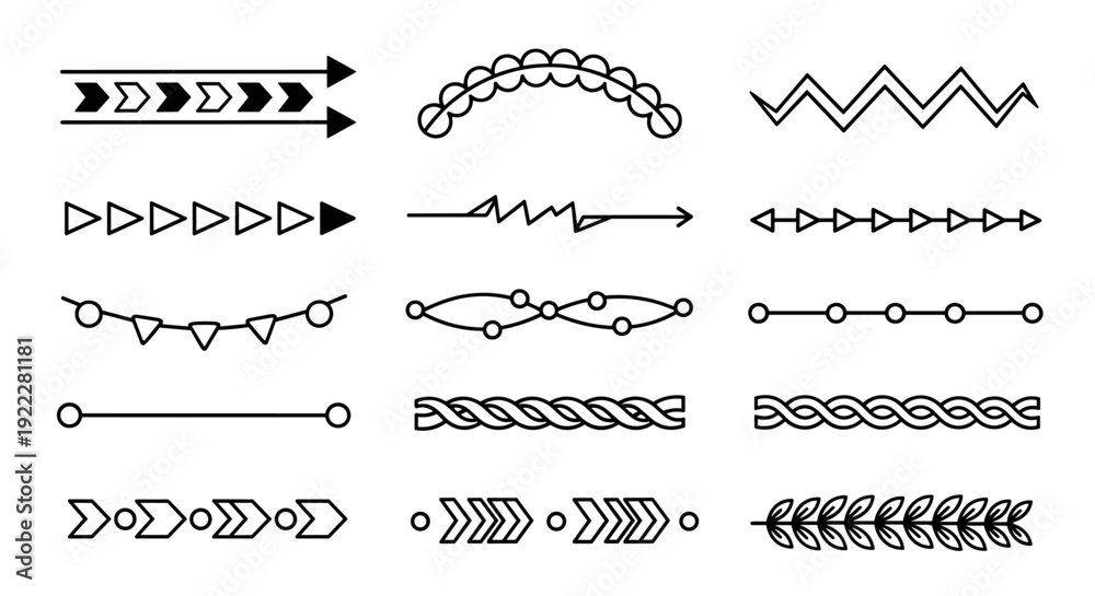 Fototapeta premium A collection of decorative line elements including arrows, curves, and zigzag patterns in minimalist black vector style, perfect for graphic design projects