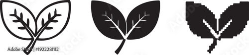 Three leaf icons in outline, filled, and pixelated styles. Includes two overlapping leaves with visible veins. Created in black and white.