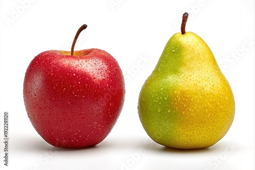 Fresh red apple and greenish-yellow pear with water droplets on light background, highlighting vibrant colors for fruit lovers and healthy eating enthusiasts