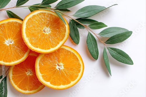 Freshly sliced orange circles on a white background with vibrant hues and visible texture, complemented by green leaves adding elegance and brightness to the lively composition