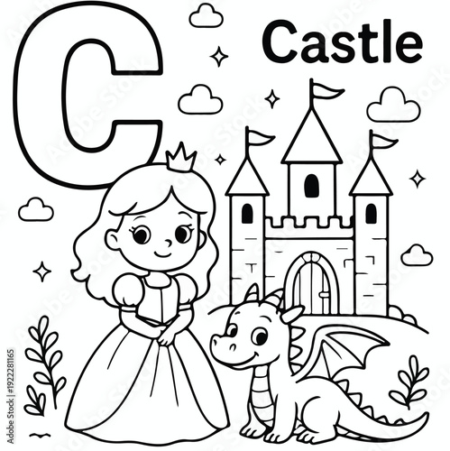 Adorable princess and friendly baby dragon coloring page illustration for learning the letter c.