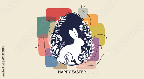 A colorful Easter egg with a rabbit silhouette and floral design in modern vector style, perfect for holiday greetings and decorations