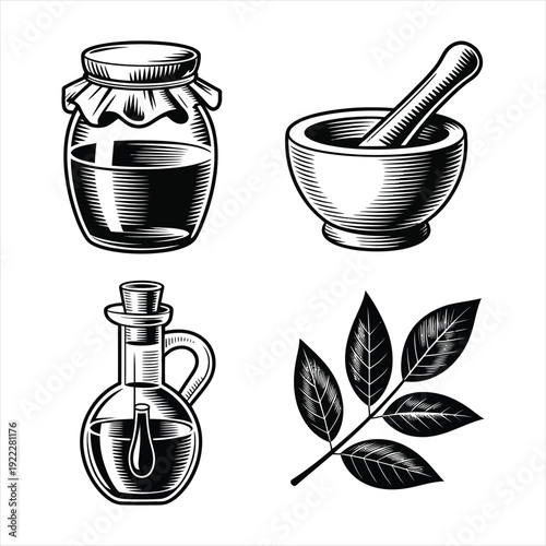Set of herbal medicine icons in vintage woodcut style including jar mortar and pestle oil bottle and leaves