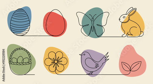 A collection of Easter-themed icons featuring eggs, a butterfly, a rabbit, a bird, a flower, and a basket in a minimalist colorful vector style, perfect for spring celebrations and holiday designs