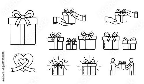 Present Sharing Outline Icon Set – Gift Exchange Concept Vector