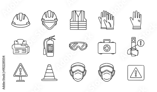 Work Safety Outline Icon Set – Occupational Health and Protection Vector Illustration