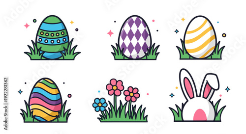 A collection of colorful Easter eggs with floral accents and bunny ears in flat modern vector style, perfect for seasonal celebrations and designs