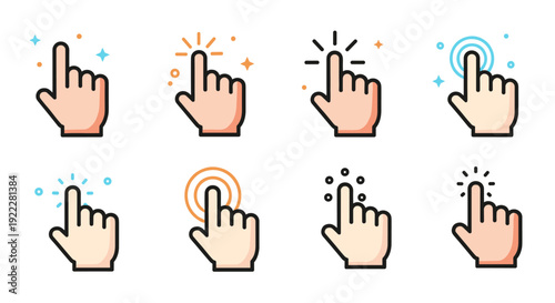 A collection of hand pointer icons in various gestures and styles in colorful flat vector design, suitable for user interface and digital applications