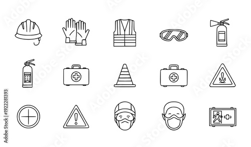 Modern Work Safety Outline Icons – Industrial Protection and Health Vector Illustration