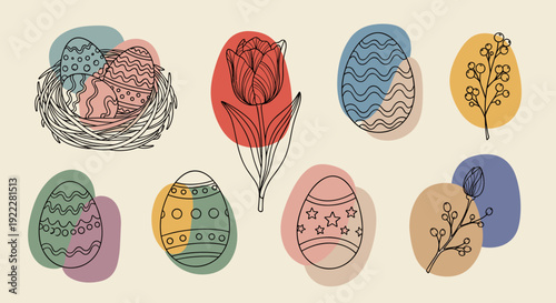 A collection of decorated Easter eggs and a tulip flower in minimalist outline vector style, perfect for spring celebrations and holiday designs