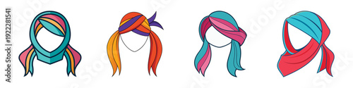 Colorful women headscarves fashion set flat design vector illustration