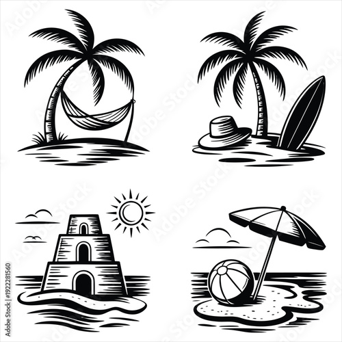 Tropical beach summer holiday elements with palm trees and ocean