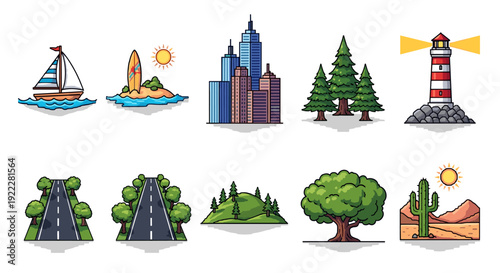 A collection of travel and nature icons including a sailboat, beach scene, city skyline, lighthouse, trees, and roads in colorful vector style, perfect for travel and tourism projects