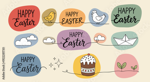 A collection of Easter-themed icons and text elements in a colorful hand-drawn vector style, suitable for greeting cards and festive designs