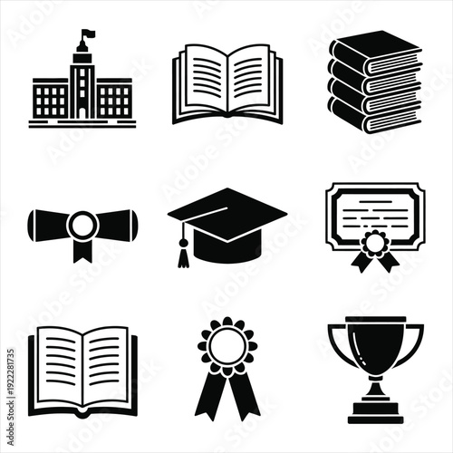 Education and academic icons set with university building books diploma graduation cap certificate and award
