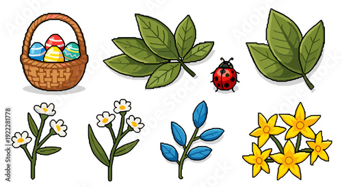 A collection of Easter-themed elements including a basket of eggs, flowers, leaves, and a ladybug in colorful cartoon vector style, perfect for spring celebrations