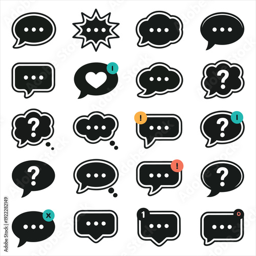 Set of black outlined chat bubbles with notification icons, ellipsis, question marks, hearts, exclamations, modern messaging symbols