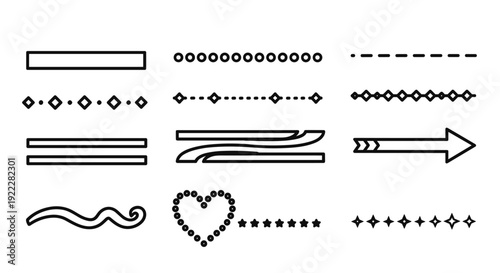 A collection of decorative lines, arrows, hearts, and dots in minimalist black and white vector style, ideal for graphic design projects