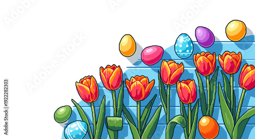 A vibrant illustration of colorful tulips and decorated Easter eggs in a flat modern vector style, perfect for spring-themed designs