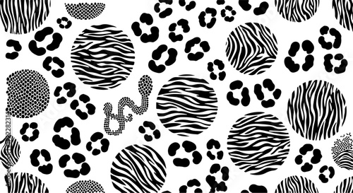 Abstract animal skin circle shape seamless pattern, monochrome leopard zebra snake print round elements background, wild safari vector texture.